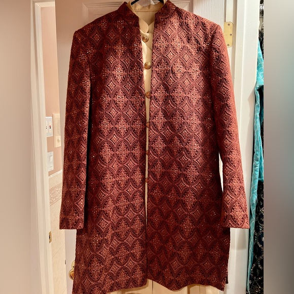 Men’s Indo-western Sherwani waistcoat and silk kurta pajama with custom buttons - Picture 3 of 4